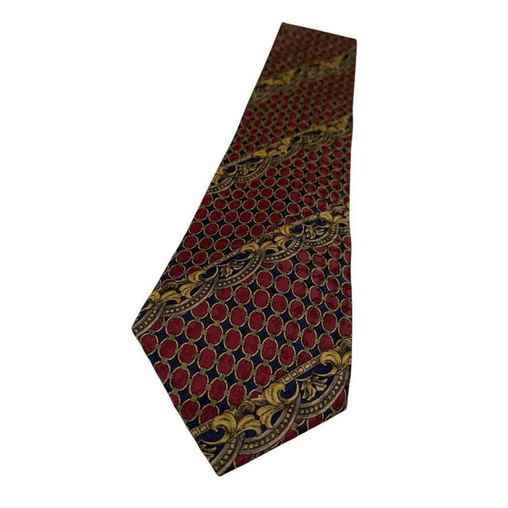 Vintage Christian Dior Monsieur Red Gold Blue Pattern 100% Silk Tie